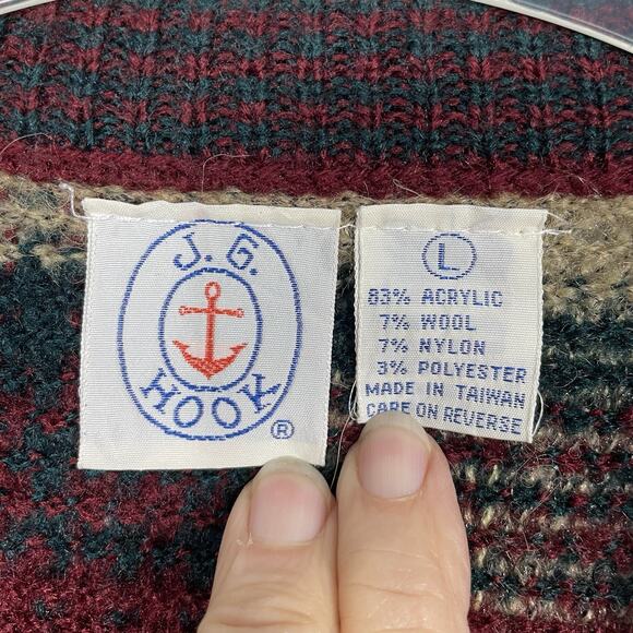 VTG 80s Grandpa Sweater Cardigan Size L Burgundy Plaid Wool Blend Leather Button - Picture 3 of 11